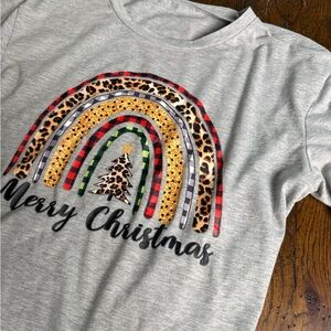 Gray Merry Christmas T-Shirt with Rainbow Design L